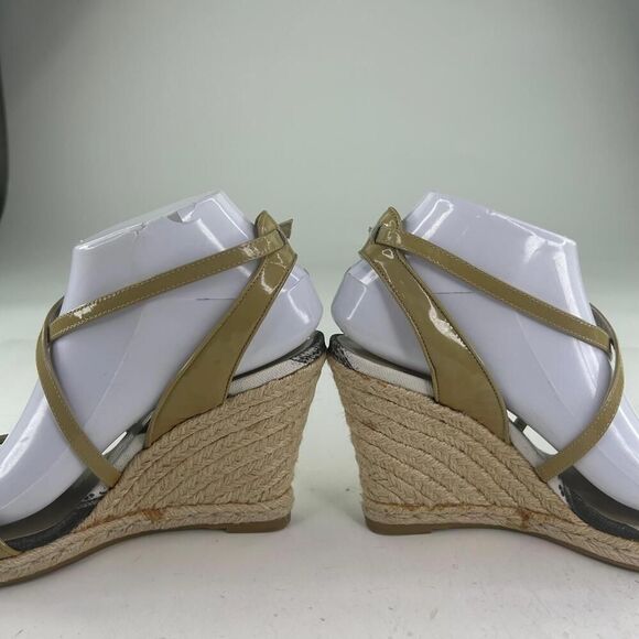 Burberry Nova Check Wedge Espadrilles US 8.5 Womens Beige Patent Strap Sandals - Picture 9 of 10